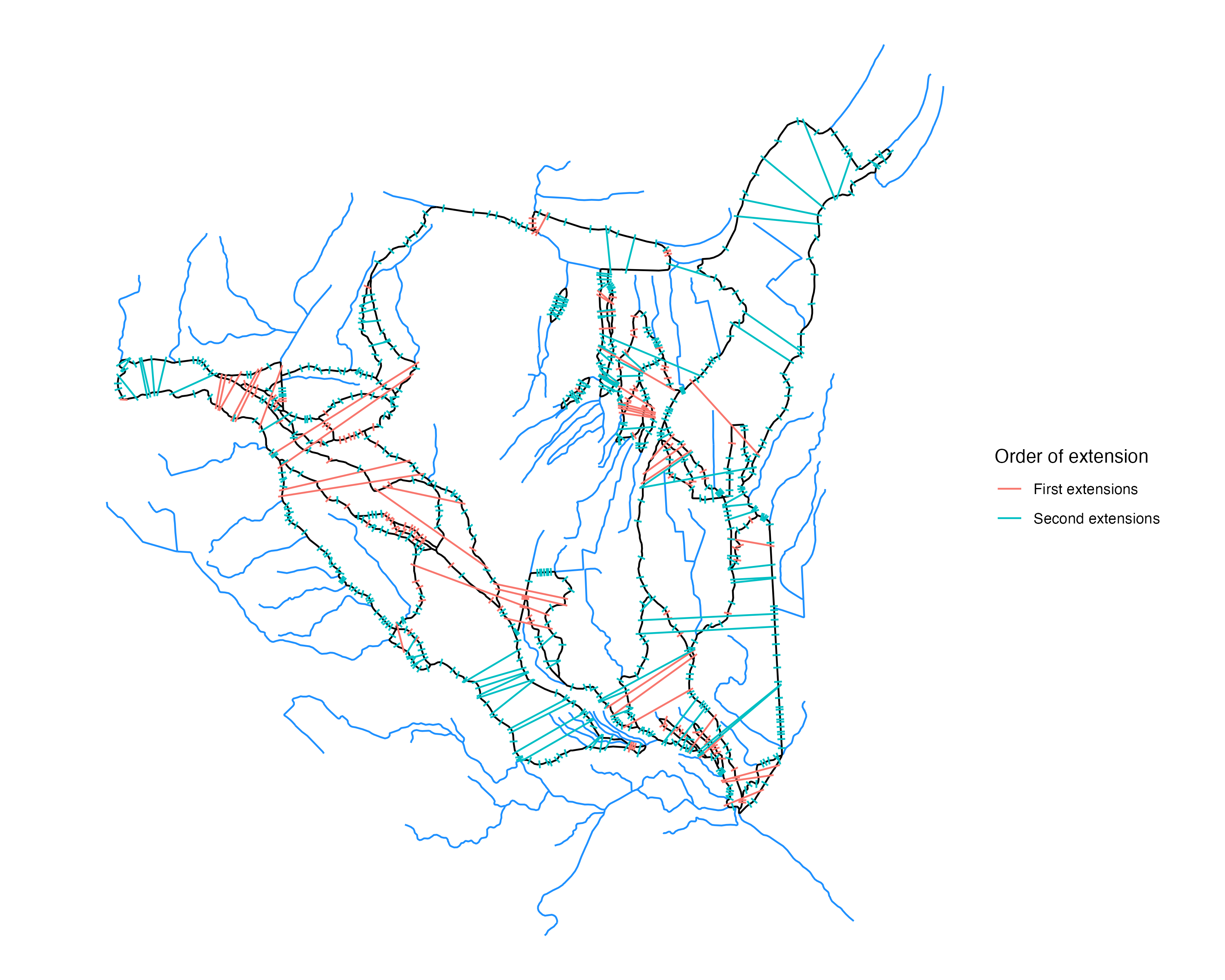 Red cross sections indicate cross sections that were processed/extended first, while blue cross sections were processed after the set of red cross sections have been processed